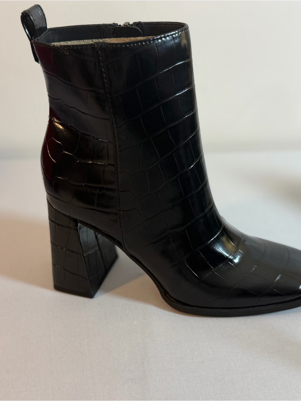 Croc-Embossed Black Ankle Boot with Block Heel
